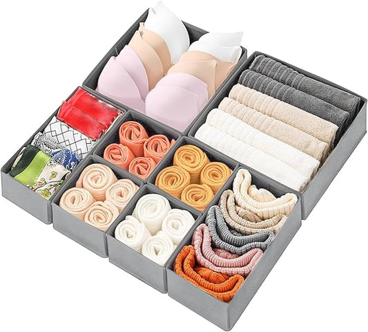 Mooisco 8 Pack Drawer Organizer Clothes, Fabric Closet Organizers and Storage, Foldable Cloth Storage Bins for Underwear Socks, Bra, Ties, Scarf, Belt, Hair Accessories, Grey