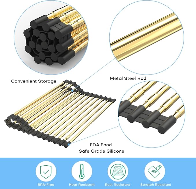 AXIMIXAME Expandable Large Draining Rack, Roll Up Heat-Resistant Dish Drainer for Stainless Steel Sinks, Collapsible Over The Sink Rack Non-Slip Silicone Rolling Up Rack Gold 18 Tube