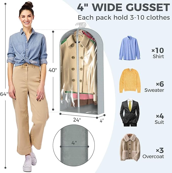 1 Pcs 40" Garment Bags for Hanging Clothes, Clear Suit Bags for Closet Storage Clothing Storage, Garment Bags Shoulder Covers with 4" Gussets for Coats, Jackets, Shirts and Sweater