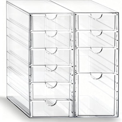 Prsildan Acrylic Drawer Makeup Organizer with 10 Drawers, Set of 2 Office Desk Organizers Accessories, Clear Stackable Storage Drawers for Vanity, Countertop, Craft, Jewelry, Art Supply Organization