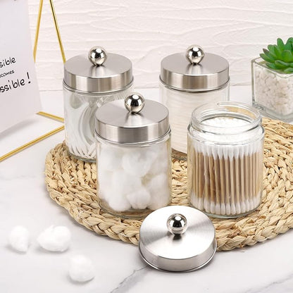 Tbestmax Glass Qtip Holder Dispenser, 10-Ounce Bathroom Containers Apothecary Jars with Metal Lids for Cotton Ball Swab Pad (4 Pack)