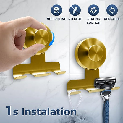 WingWider Suction Cup Razor Holder for Shower,Heavy-Duty 7KG Suction Hooks for Razor,Towel,Loofah,Removable Damage-Free Metal Shower Hook,Shaver Holder,2 Pack(Brushed Gold)