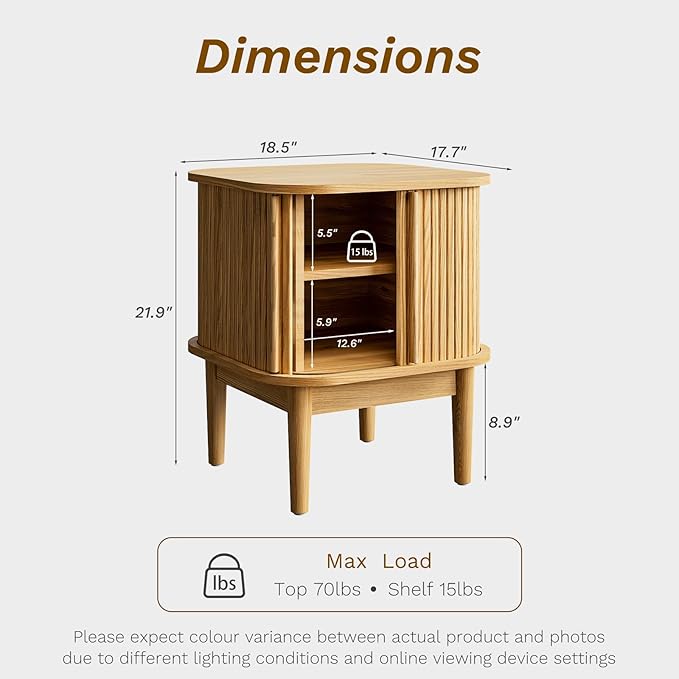 Fluted Nightstand with Sliding Doors, Modern Bedside Table with Solid Wood Legs, Wood Night Stand for Bedroom (Natural)