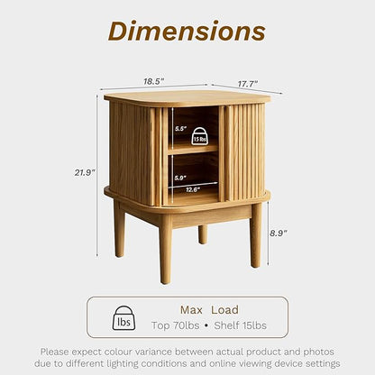 Fluted Nightstand with Sliding Doors, Modern Bedside Table with Solid Wood Legs, Wood Night Stand for Bedroom (Natural)