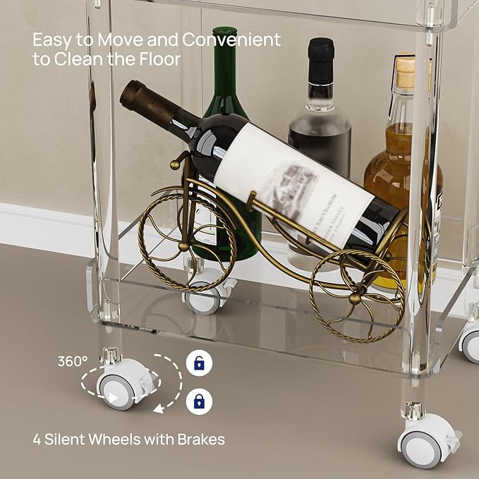 HMYHUM Small Acrylic Bar Cart, 15.2" L x 11.2" W x 34.2" H, 3 Tier Mini Rolling Serving Cart with 4 Lockable Wheels for Home Bar, Kitchen, Living Room, Modern, Clear