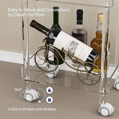 HMYHUM Small Acrylic Bar Cart, 15.2" L x 11.2" W x 34.2" H, 3 Tier Mini Rolling Serving Cart with 4 Lockable Wheels for Home Bar, Kitchen, Living Room, Modern, Clear