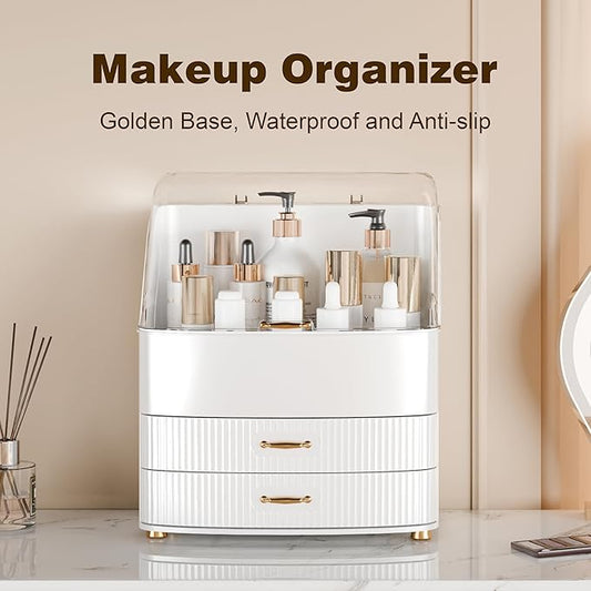 Plukers Makeup Organizer Countertop Vanity with Transparent Lid Drawers Waterproof Dustproof Cosmetic Skincare Bathroom Storage Gift for Women Teens Girls (Whtie)