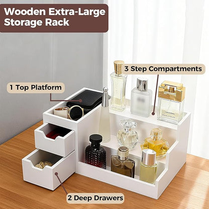 UUyuality Countertop Perfume & Makeup Organizer - Wooden Rack, Cologne Stand Shelves & Skincare Organizer for Bedroom Dresser, Organizador de Perfumes Estante para Perfumes (White, 01)