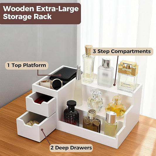 UUyuality Countertop Perfume & Makeup Organizer - Wooden Rack, Cologne Stand Shelves & Skincare Organizer for Bedroom Dresser, Organizador de Perfumes Estante para Perfumes (White, 01)