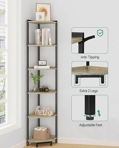 Corner Shelf Stand, Corner Bookshelf, Storage Standing Shelf Unit with Metal Frame, Plant Stand, Corner Bookcase for Living Room, Home Office, Bedroom, 6-Tier Greige CS06005B
