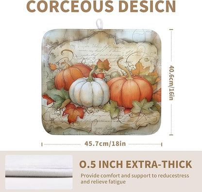 Wnoesat Fall Pumpkin Maple Leaf Dish Drying Mat for Kitchen Counter 16x18 Inch Vintage Autumn Leaves Thanksgiving Drying Mat Seasonal Ultra Absorbent Dish Drainer Rack Mats for Coffee Bar Kitchen