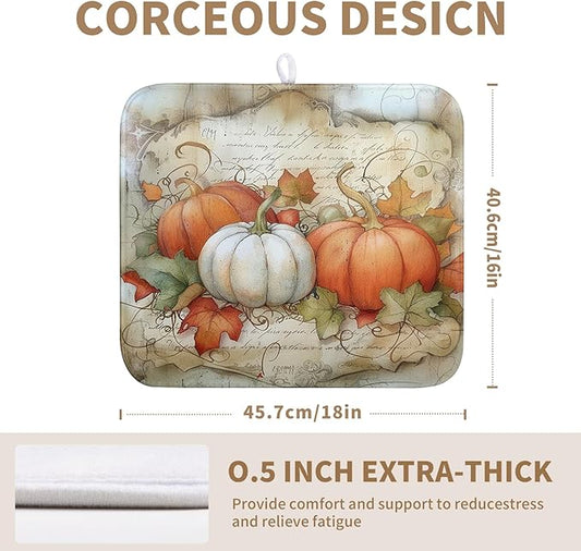 Wnoesat Fall Pumpkin Maple Leaf Dish Drying Mat for Kitchen Counter 16x18 Inch Vintage Autumn Leaves Thanksgiving Drying Mat Seasonal Ultra Absorbent Dish Drainer Rack Mats for Coffee Bar Kitchen
