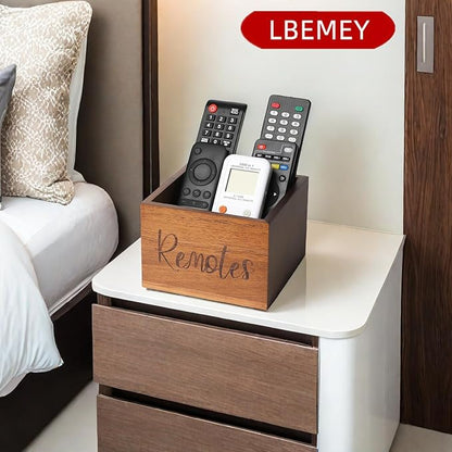 Acacia Wood Remote Control Holder Caddy, TV Organizer for Table, Vintage Farmhouse Desk Caddy (Brown for 3+ Controls)