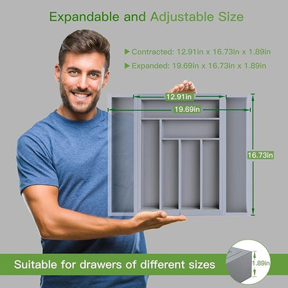 Pipishell Bamboo Expandable Drawer Organizer for Utensils Holder, Adjustable Cutlery Tray, Wood Drawer Dividers Organizer for Silverware, Flatware, Knives in Kitchen, Bedroom, Living Room(Grey)