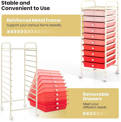 MAT EXPERT 10 Drawer Rolling Storage Cart, Multipurpose Utility Cart w/Plastic Drawers & Universal Casters, 10 Tier Mobile Organizer Cart for Office Home Classroom Beauty Salon