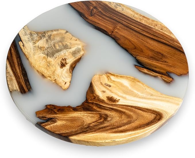 Handmade Reversible 16" Wood and Epoxy Resin Lazy Susan, Turntable for Kitchen Countertop, Rotating Display Stand, Organizer and Storage for Dining Table, Cup Board, Home Decor (White)