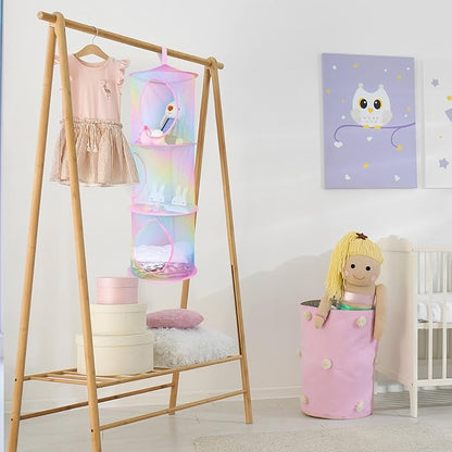 Basumee Stuffed Animals Net or Hammock 2 Pcs Stuffed Animals Storage Toy Net Hammock for Plushies Storage Organizer Mesh Kids Girls Room Decor, Rainbow, 3 Tiers
