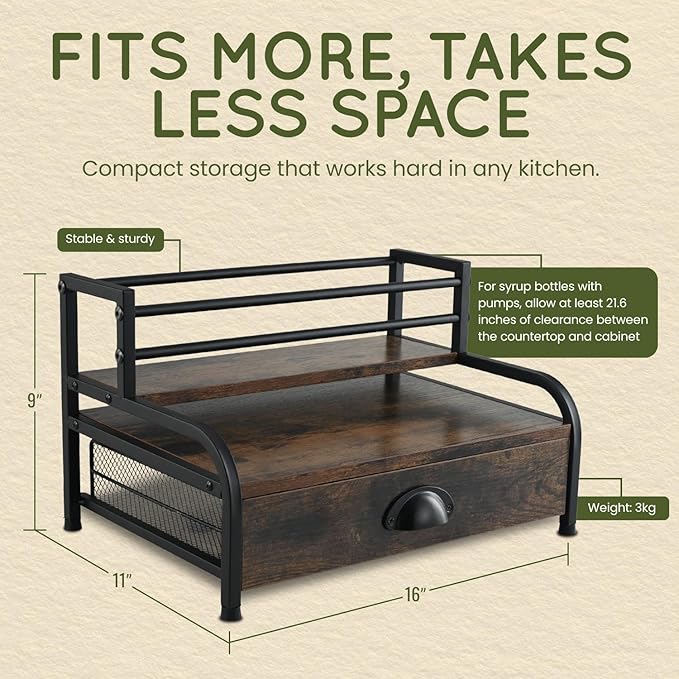 Coffee Syrup Rack Organizer – 3-Tier Coffee Bar Stand for Countertop, Rustic Wood & Metal Bottle Display Shelf with Coffee Pod Drawer, Wine Rack, Liquor Display Shelf for Home Coffee Station
