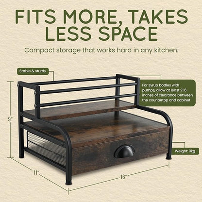 Coffee Syrup Rack Organizer – 3-Tier Coffee Bar Stand for Countertop, Rustic Wood & Metal Bottle Display Shelf with Coffee Pod Drawer, Wine Rack, Liquor Display Shelf for Home Coffee Station