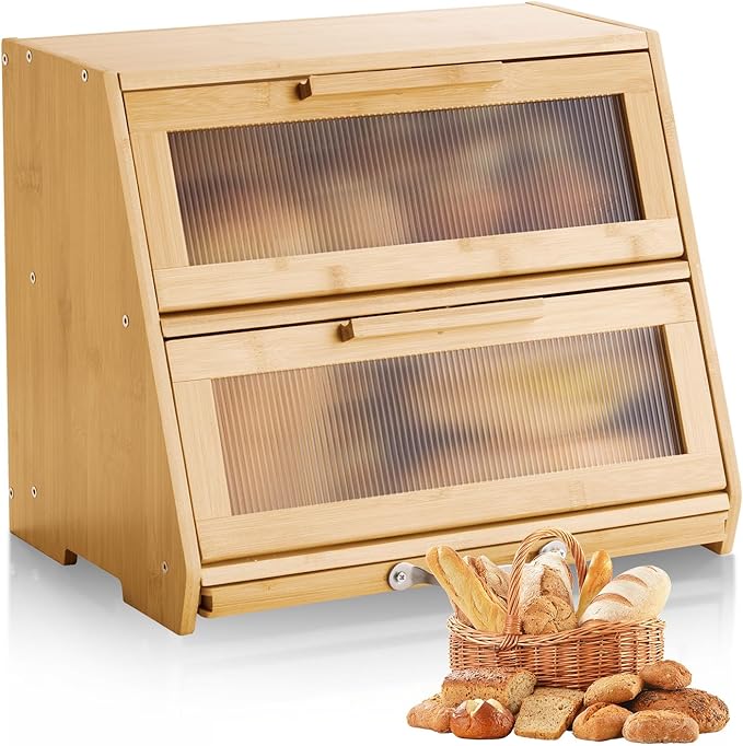 VEVOR Double Layer Bread Box for Kitchen Counter, Large Capacity Bamboo Bread Storage Container, Farmhouse Wooden Breadbox for Homemade Bread, Storage Holder Bin with Acrylic Wavy Door Panel, Natural