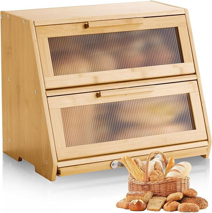 VEVOR Double Layer Bread Box for Kitchen Counter, Large Capacity Bamboo Bread Storage Container, Farmhouse Wooden Breadbox for Homemade Bread, Storage Holder Bin with Acrylic Wavy Door Panel, Natural