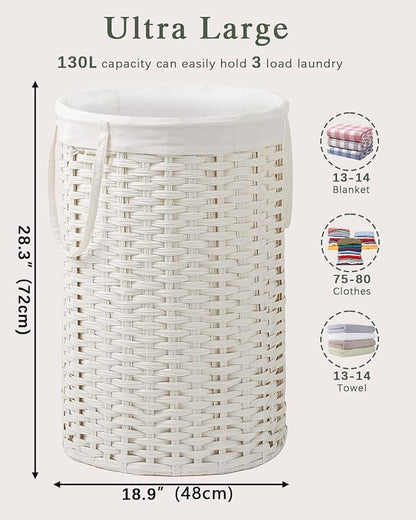 34.3 Gal (130 L) Large Laundry Hamper Laundry Basket Round Handwoven Wicker Laundry Baskets Rattan Laundry Basket with Removable Bag Handles 2 Mesh Bags for Living Room Bedroom White (No Lid)