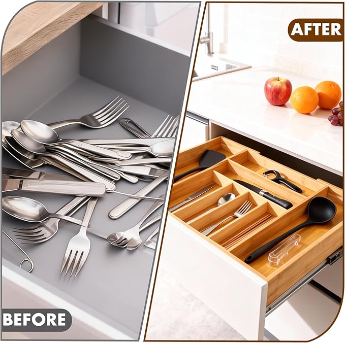 Bamboo Drawer Organizer, Expandable Flatware Cutlery Tray, 9 Slots Adjustable Kitchen Utensil Drawer Dividers Silverware Tray Holder for Spoons, Forks, Knives (Natural)