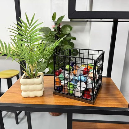 Coffee Pod Holder Basket, Coffee Holder Organizer with Wooden Base Sturdy Coffees Pod Holder Organizer for Kitchen Counter and Office Desktop (Square Grid)