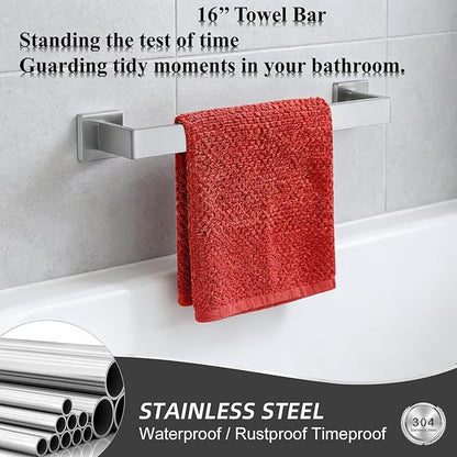 10 Pieces Bathroom Accessories Towel Bar SUS304 Stainless Steel Brushed Nickel Towel Holder Wall Mounted Heavy Duty Towel Rack Bathroom Towel Rod Modern Square Base Design(10, Brushed Nickel, 16 Inch)
