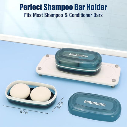 AIMAIAIMAI Shampoo Bar Holder Travel Case for Two Bars – Compatible with Kitsch Solid Shampoo & Conditioner Bars, Large Soap Container for Bathroom or Travel (Blue Style A-Large)