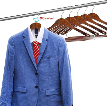 DEILSY Wide Shoulder Wooden Suit Hangers with Non-Slip Pants Bar & 360° Swivel Hook - Smooth Finish Coat Hangers for Men and Women - Heavy Duty Clothes Hanger – Pack of 6