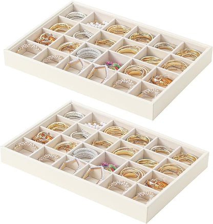 Stackable Jewelry Organizer Tray For Drawers,White Leather Small Earring Storage Tray,Bracelet And Necklace Display Box,Jewelry Ring Display Case (Creamy White 24 Grids)