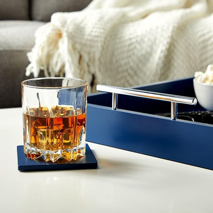 Juvale Coffee Table Tray - 15.7 x 11.8 x 3 in, Blue, Rustic Wood - Serving Tray with Interchangeable Gold & Silver Handles for Coffee Table Decor & Ottoman Use with 2 Coasters