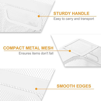 6 Pack Metal Mesh Basket with Hollow Handles White Wire Storage Bin for Organizing Stackable Metal Fine Mesh Basket for Pantry Bathroom Kitchen Cabinets Shelves