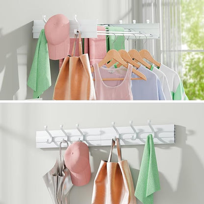 Wall Mounted Drying Rack 31.5", Foldable Clothes Drying Rack with 6 Towel Hooks and 5 Rods for Hanging Clothes, Space Saving Laundry Rack for Indoor Outdoor Bathroom Balcony Laundry Room(31.5")