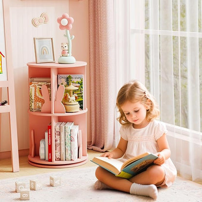 HONEY JOY Kids Rotating Bookshelf, Wooden Spinning Small Corner Organizer w/Baffles, 360°Display Standing Toddler Bookshelf, Narrow Storage Rack, Montessori Book Shelf for Nursery, Playroom (Pink)
