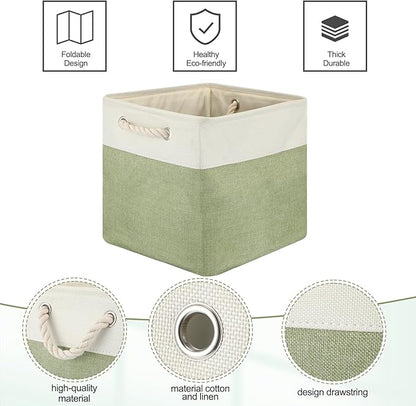 meekoo 8 Pack Collapsible Storage Bins Fabric Storage Bins Polyester Fabric Baskets with Handles Linen Closet Organizer for Shelf Home Closet Towels Toys(12 x 12 x 12 in,Green White)