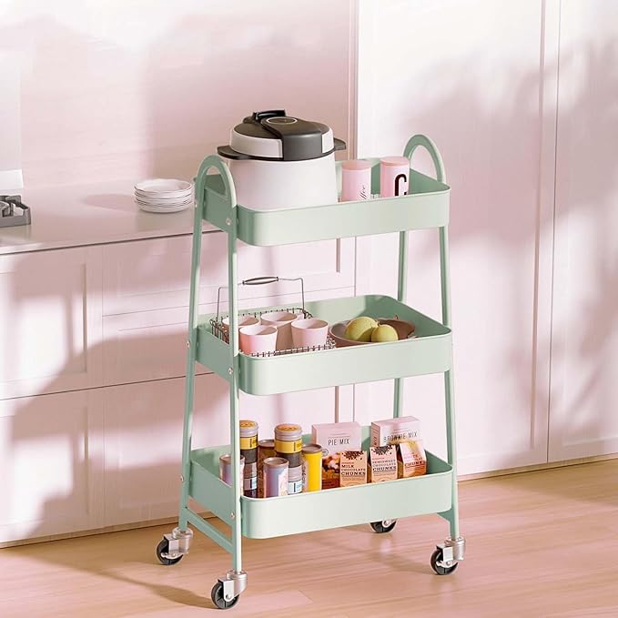 3 Tier Rolling Cart, Utility Cart Kitchen Carts on Wheels with Storage, Multifunctional Metal Organizer Cart for Bathroom, Garage, Baby Diaper, Craft, Art, Teacher, Green