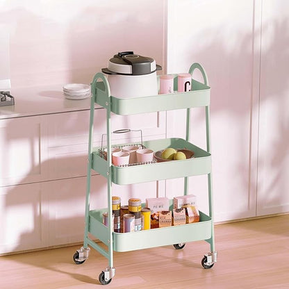 3 Tier Rolling Cart, Utility Cart Kitchen Carts on Wheels with Storage, Multifunctional Metal Organizer Cart for Bathroom, Garage, Baby Diaper, Craft, Art, Teacher, Green
