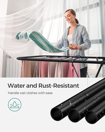 SONGMICS Clothes Drying Rack, Foldable 2-Level Laundry Drying Rack, Free-Standing Laundry Airer, with Height-Adjustable Wings, 33 Drying Rails, Sock Clips, Black ULLR053B01V1