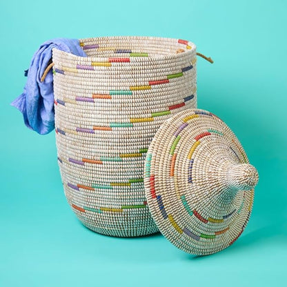 Large Colorful White Basket for Decor, Organizing, Storage - Living Room Blankets, Nursery Toys, Laundry, Towels, Pillows, Comforter, Cushions - Wicker, Woven, Round, Lid, Handles