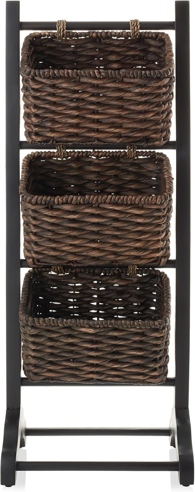 Casafield 3-Tier Floor Stand with Water Hyacinth Storage Baskets, Black/Espresso - Standing Organizer Rack for Bathroom, Kitchen, Laundry, Living Room