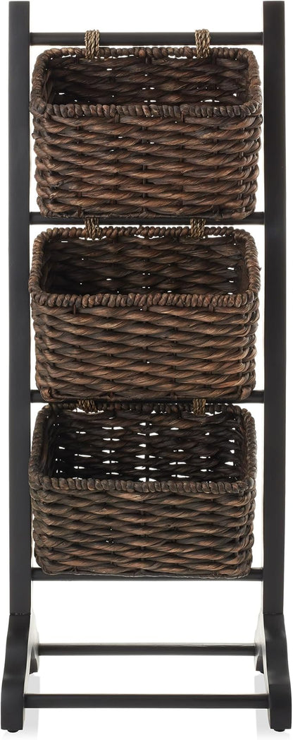 Casafield 3-Tier Floor Stand with Water Hyacinth Storage Baskets, Black/Espresso - Standing Organizer Rack for Bathroom, Kitchen, Laundry, Living Room