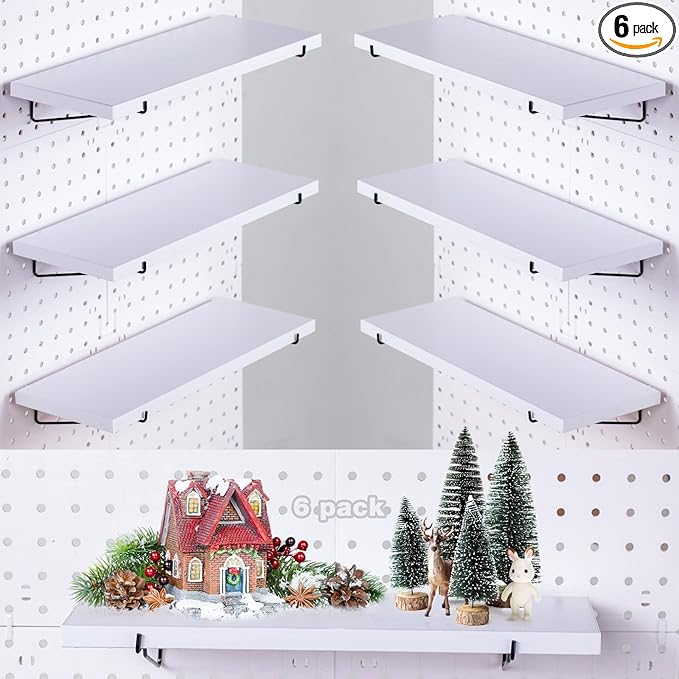 Pegboard Shelf Set - 6 Heavy Duty Peg Board Shelves & Steel Brackets, Organizer for Storage, Garage, Workbench, Craft, Office