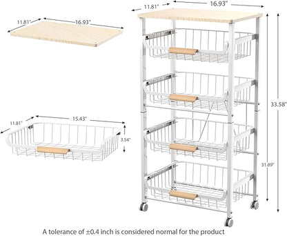 JAQ Fruit Basket for Kitchen, 5-Tier Slide Out Storage Baskets Carts Organizers Drawers with Wood Top Table with Rolling Wheels for Snacks Vegetables Vianderos Para Cocina Modernos (White, 5 Layer)