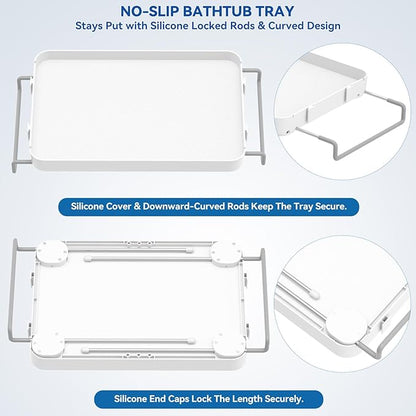 Bathtub Tray for Large Soaking Tub Table Tray Expandable Tub Shelf for Bathtub Caddy Bath Shelf Over Tub Luxury Bath Board Book Holder with Removable 2 Cup Holder Phone Metal Shower Caddy Basket White