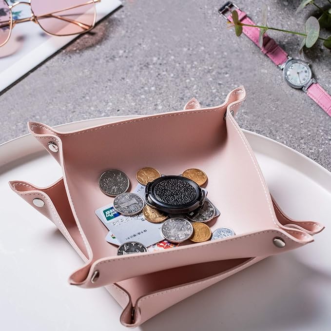 SANQIANWAN Leather Jewelry Valet Tray for Women and Man, Entryway Table Bedside Nightstand Desk Portable Small Catchall Travel Dish Plate for Key,Wallet,Watch,Phone,Coin(Pink-B)