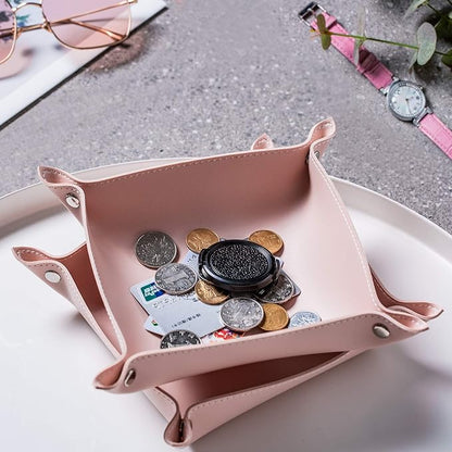 SANQIANWAN Leather Jewelry Valet Tray for Women and Man, Entryway Table Bedside Nightstand Desk Portable Small Catchall Travel Dish Plate for Key,Wallet,Watch,Phone,Coin(Pink-B)