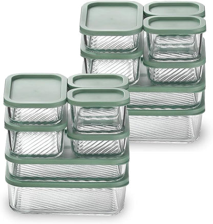 EATEX 14 Pack Glass Meal Prep Containers with Grooved Base, 14 Stackable BPA Free Glass Storage Containers with Lids for Lunch, Pantry, and Kitchen - Microwave, Dishwasher Freezer & Oven Safe - Sage