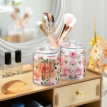 MNSRUU 2 Pack Qtip Holder Organizer Dispenser Pink Roses Pink Bathroom Storage Canister Cotton Ball Holder Bathroom Containers for Cotton Swabs/Pads/Floss